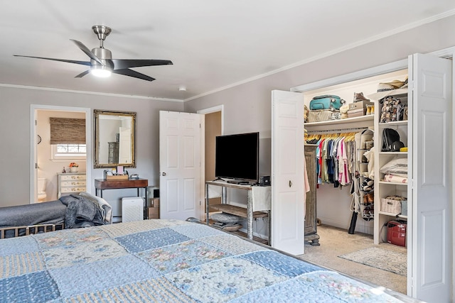 bedroom with crown molding, light colored carpet, a closet, and ceiling fan