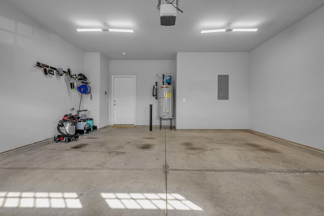 garage with a garage door opener, electric panel, and electric water heater