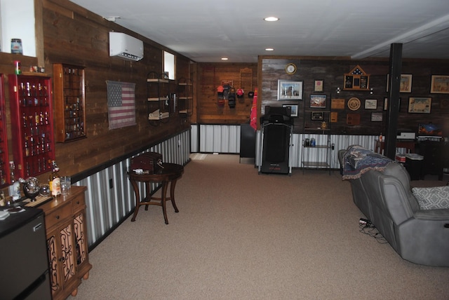 bar featuring radiator heating unit, carpet flooring, a wall mounted air conditioner, and refrigerator