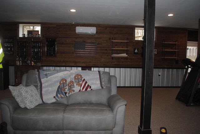 carpeted living room featuring a wall mounted AC