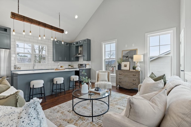 living room featuring high vaulted ceiling, dark wood-type flooring, and a healthy amount of sunlight