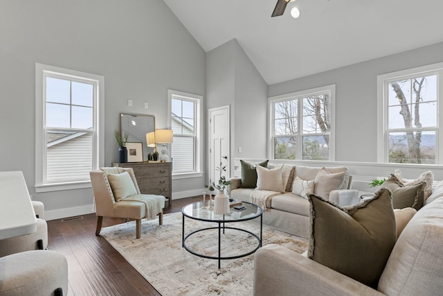 living room with high vaulted ceiling, dark hardwood / wood-style floors, and ceiling fan