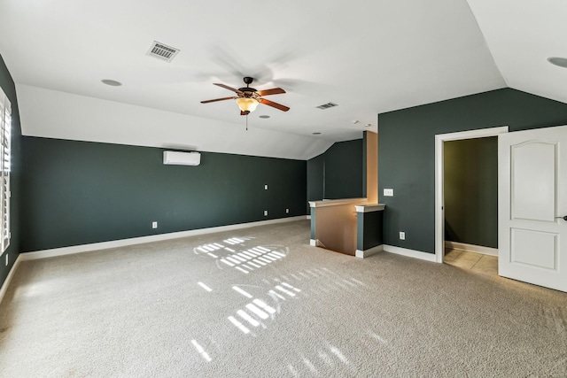 unfurnished living room featuring light carpet, ceiling fan, and lofted ceiling