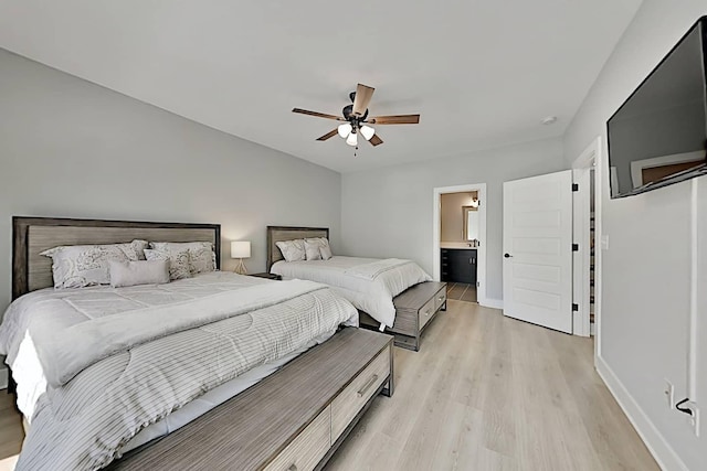 bedroom with ceiling fan, ensuite bathroom, and light hardwood / wood-style flooring