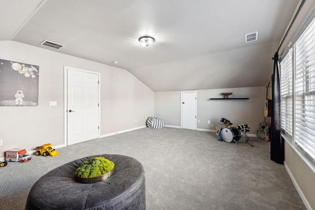 interior space featuring carpet and lofted ceiling