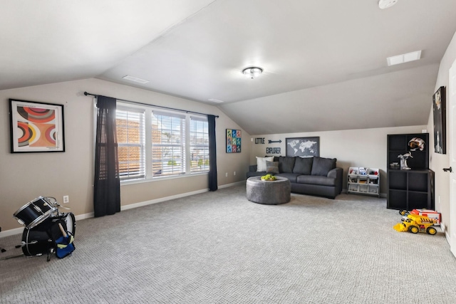 interior space featuring lofted ceiling and carpet flooring