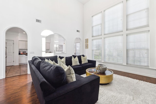 living room with dark hardwood / wood-style floors and a towering ceiling