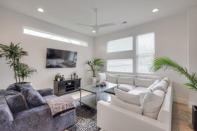 living room with ceiling fan