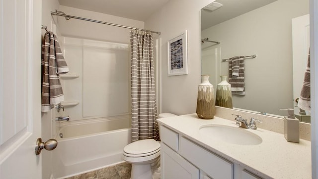 full bathroom with toilet, shower / bathtub combination with curtain, and vanity