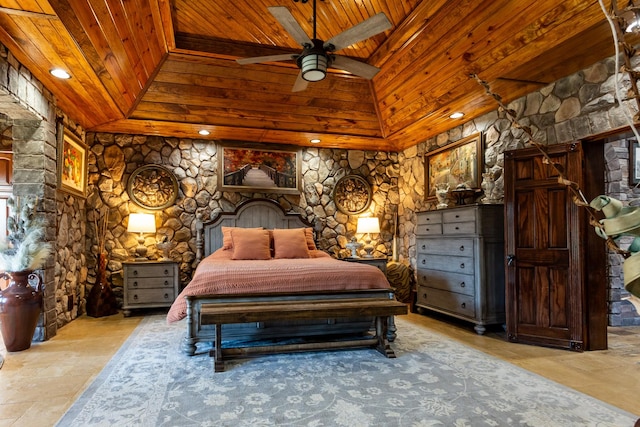 bedroom with wood ceiling, ceiling fan, and lofted ceiling