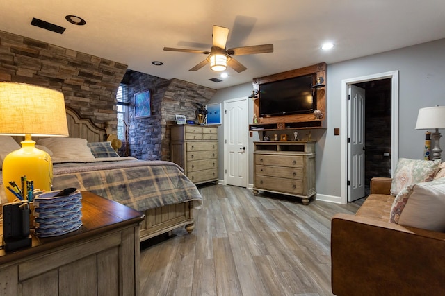 bedroom featuring ceiling fan and light wood-type flooring