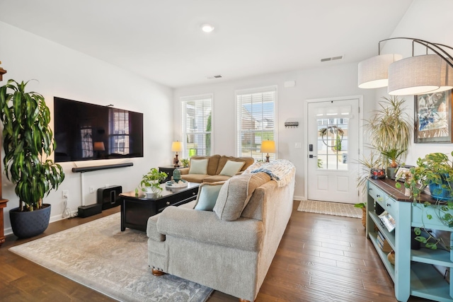 living room featuring dark hardwood / wood-style flooring