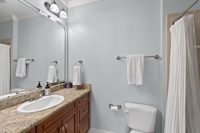 bathroom with crown molding, vanity, toilet, and walk in shower