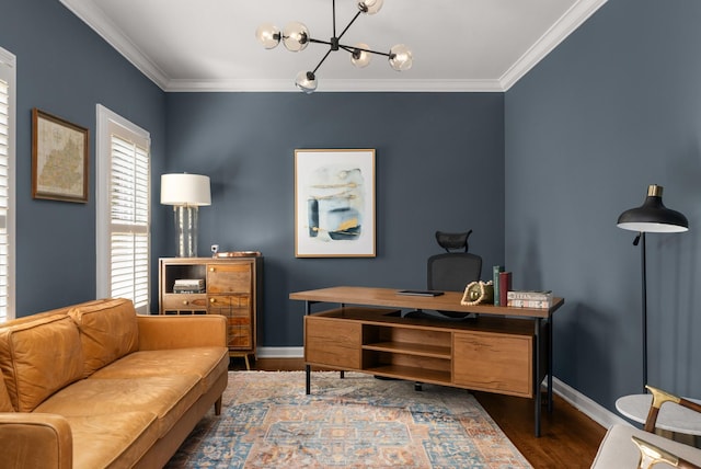 office featuring dark hardwood / wood-style flooring, ornamental molding, and a chandelier