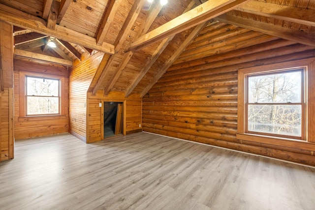 bonus room featuring rustic walls, a wealth of natural light, lofted ceiling with beams, light hardwood / wood-style floors, and wooden ceiling