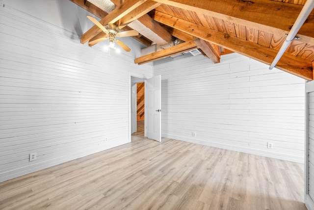 interior space featuring wood ceiling, ceiling fan, light hardwood / wood-style floors, and lofted ceiling with beams