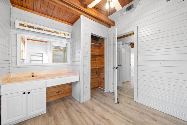 bathroom featuring wood-type flooring, vanity, ceiling fan, and wood walls