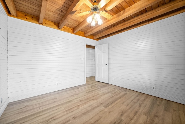 empty room with ceiling fan, beam ceiling, light wood-type flooring, and wooden ceiling