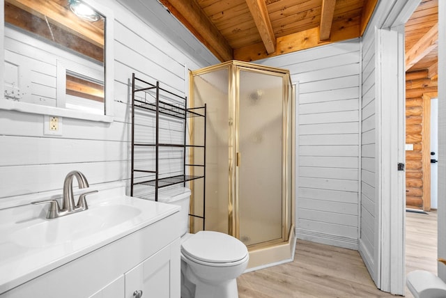 bathroom featuring hardwood / wood-style floors, vanity, an enclosed shower, wood ceiling, and beam ceiling