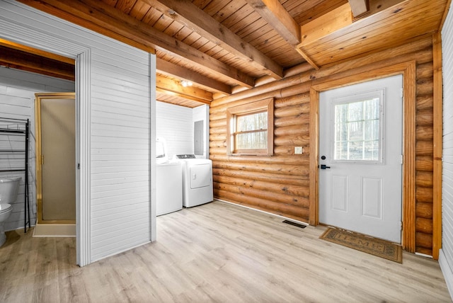 laundry room with wood ceiling, washing machine and clothes dryer, log walls, and light hardwood / wood-style flooring