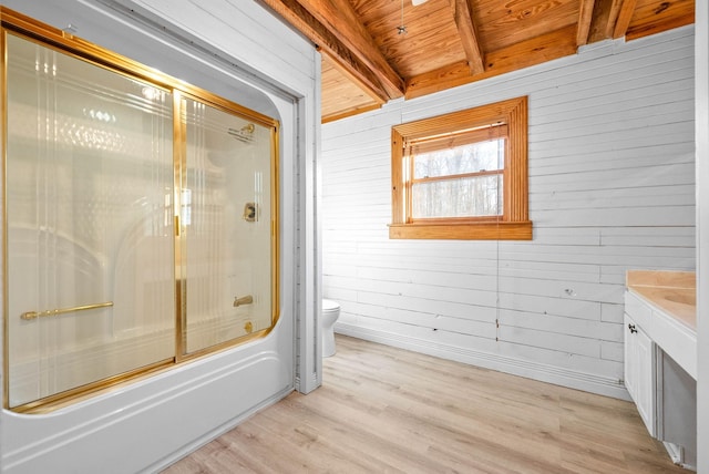 full bathroom with toilet, bath / shower combo with glass door, wooden ceiling, beamed ceiling, and hardwood / wood-style floors