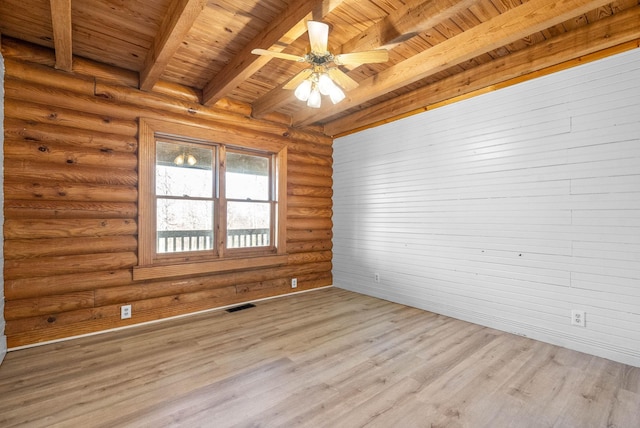 unfurnished room with light hardwood / wood-style flooring, wood ceiling, beamed ceiling, and rustic walls