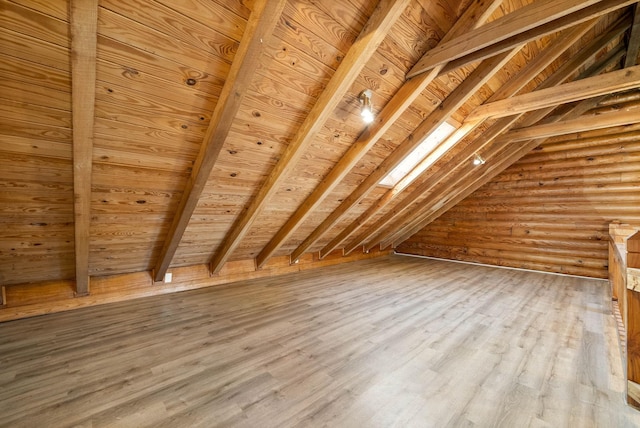 bonus room featuring hardwood / wood-style flooring, wooden ceiling, vaulted ceiling with beams, and log walls