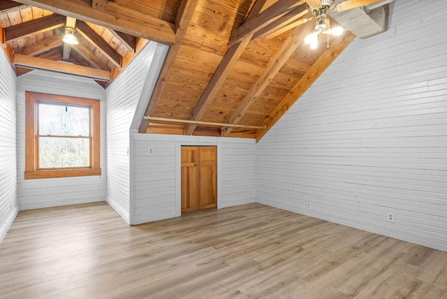 bonus room featuring vaulted ceiling with beams, wood ceiling, light hardwood / wood-style flooring, and wooden walls