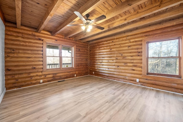 unfurnished room with beamed ceiling, plenty of natural light, log walls, and light hardwood / wood-style floors