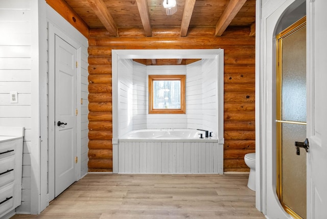 full bathroom with log walls, wood-type flooring, wooden ceiling, and beamed ceiling