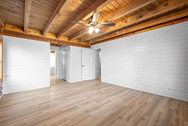 unfurnished bedroom with beamed ceiling, wood ceiling, and light hardwood / wood-style flooring