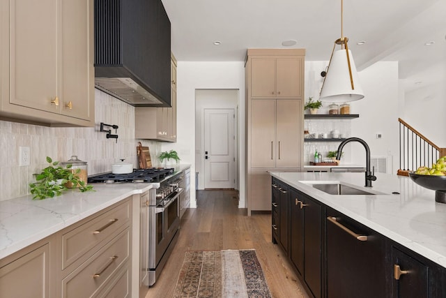 kitchen with light wood-style flooring, a sink, stainless steel stove, custom range hood, and tasteful backsplash