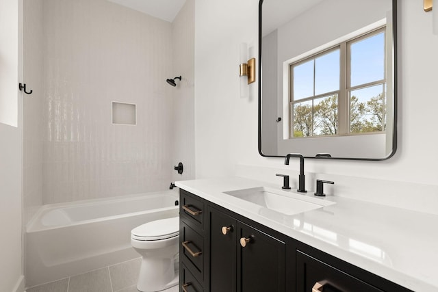 full bathroom featuring shower / bath combination, toilet, vanity, and tile patterned flooring