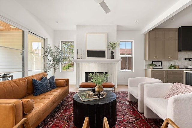 living room featuring baseboards and a fireplace