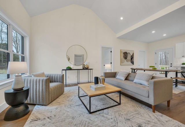 living room featuring lofted ceiling and light hardwood / wood-style floors