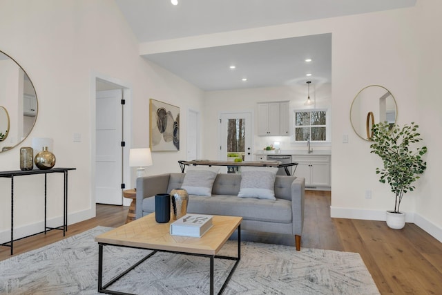 living room featuring sink and light hardwood / wood-style flooring