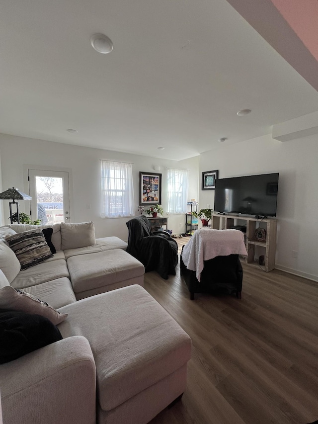 living room with dark hardwood / wood-style flooring