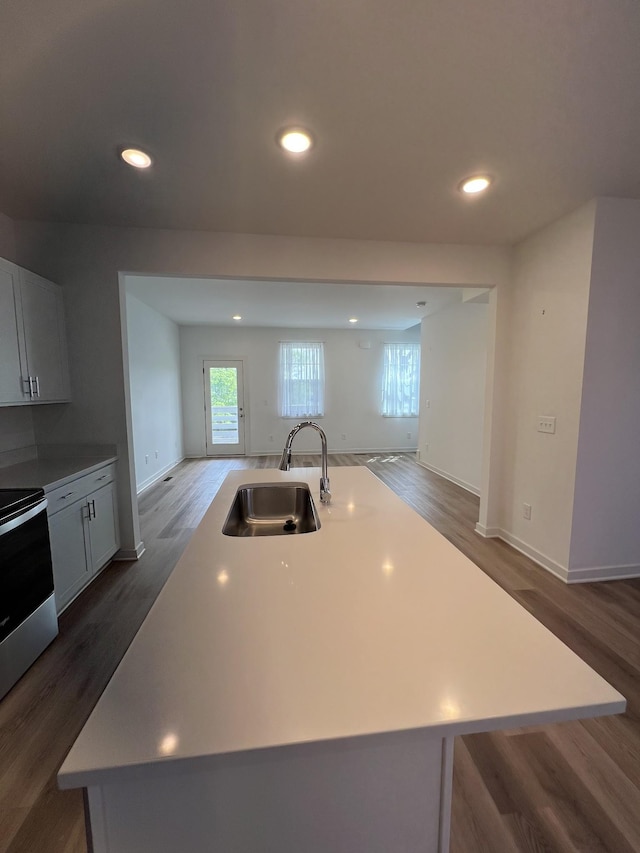 302 Williams Ave Unit 110, Madison, TN 37115 - kitchen with a sink, dark wood-style floors, open floor plan, electric stove, and a kitchen island with sink