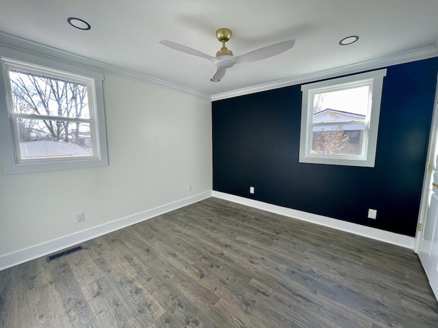 spare room with a wealth of natural light, dark hardwood / wood-style flooring, and crown molding