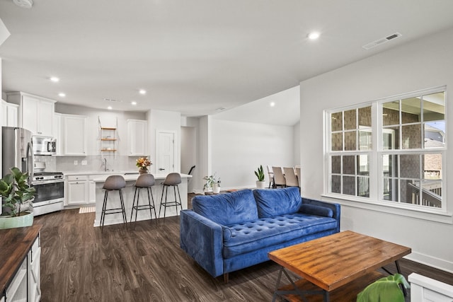 living room featuring sink and dark hardwood / wood-style flooring