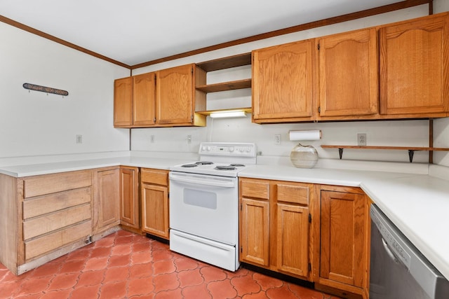 kitchen featuring ornamental molding, dishwasher, and white electric range oven