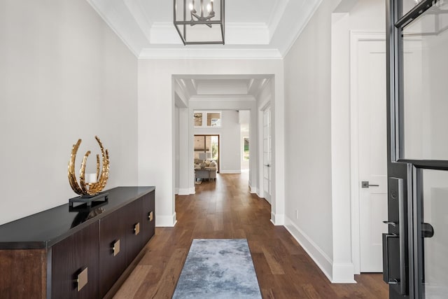 hallway with dark wood-type flooring, crown molding, and a notable chandelier