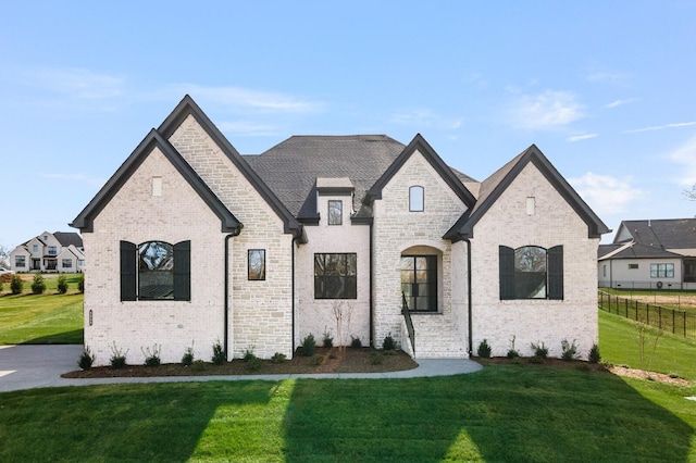 french country inspired facade featuring a front yard