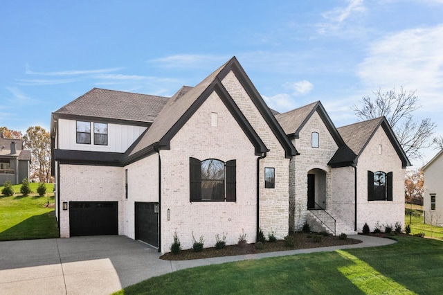 french country inspired facade with a garage and a front yard