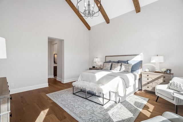 bedroom with an inviting chandelier, beam ceiling, high vaulted ceiling, and hardwood / wood-style flooring