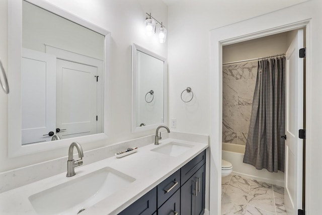 full bathroom featuring toilet, vanity, and shower / bathtub combination with curtain