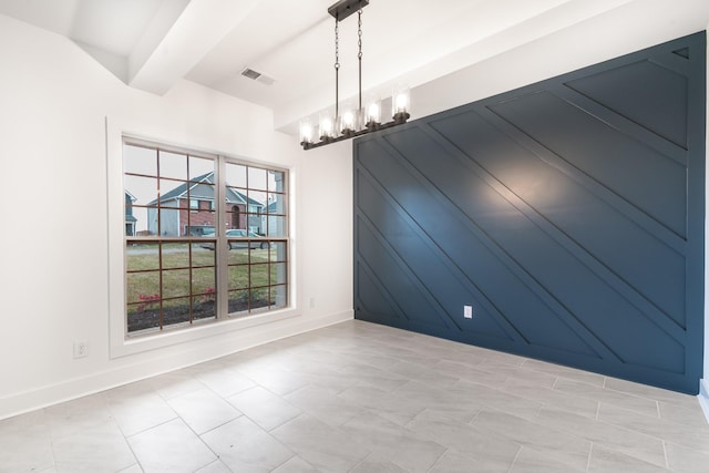 unfurnished dining area with baseboards, beam ceiling, visible vents, and an inviting chandelier