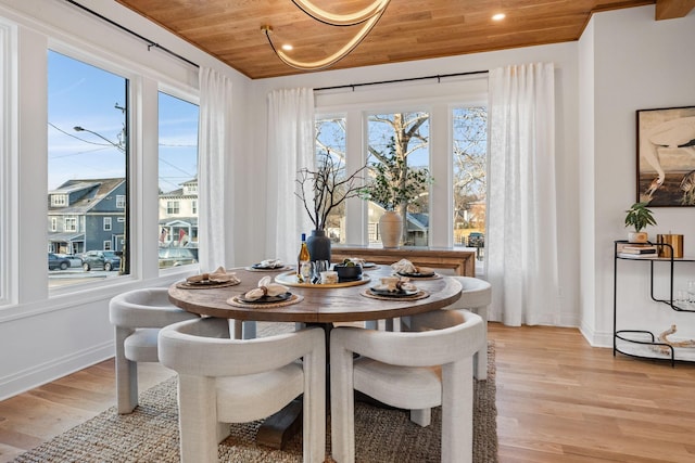 dining space with wooden ceiling and light hardwood / wood-style floors