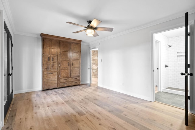 unfurnished bedroom with ensuite bath, ornamental molding, ceiling fan, and light wood-type flooring