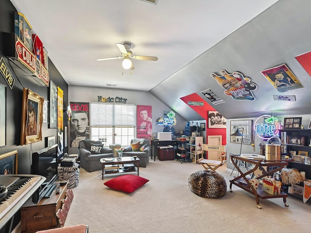 carpeted living room with lofted ceiling and ceiling fan